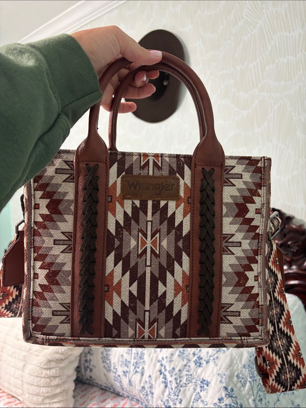 Wrangler Brown and Cream Aztec Satchel with Leather Trim